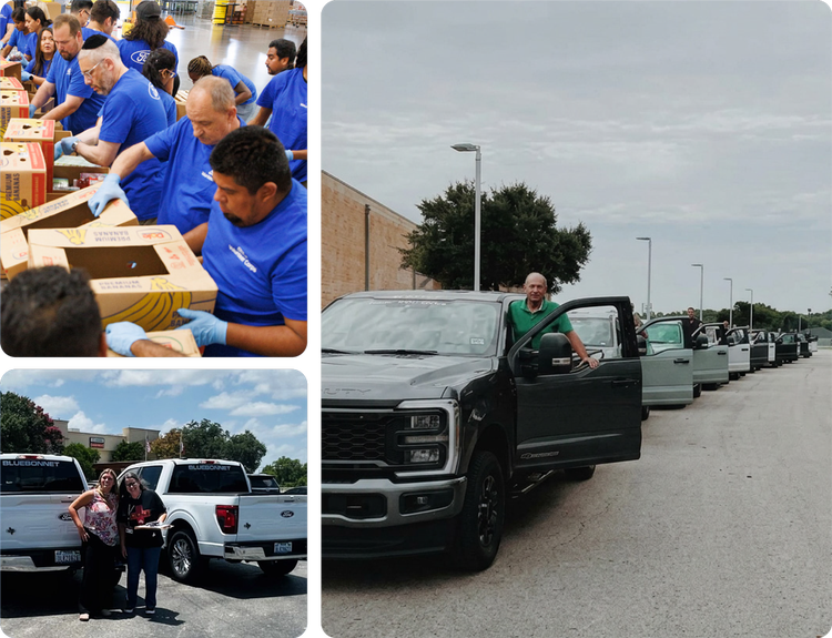 Collage of disaster response efforts including the use of the F-150 truck
