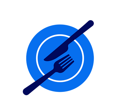 A blue plate with a fork and knife AI-generated content may be incorrect.