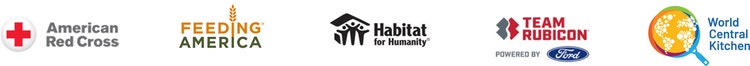 American Red Cross, Feeding America, Habitat for Hummanity, Team Rubicon powered by Ford, and World Central Kitchen logos